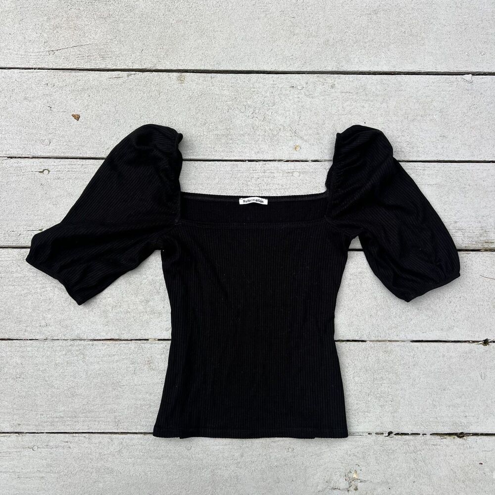 Reformation Ribbed Knit Puff Sleeves Top Black-Size S
